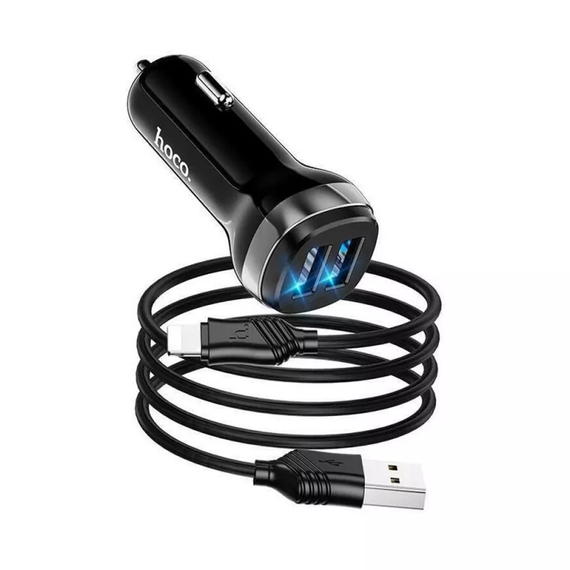 Aвтомобильное зарядное устройство Hoco 2xUSB with Lightning Cable Z40, Black