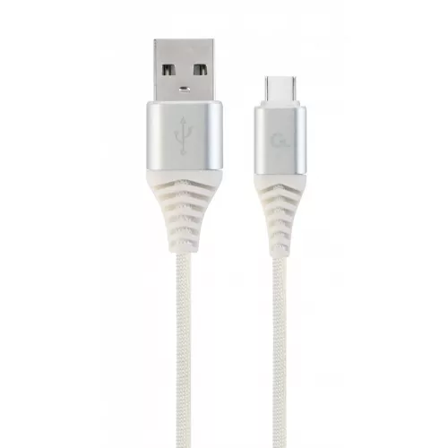 Cablu USB Cablexpert Blister Type-C/USB2.0,  AM/CM,   1.0 m,  Cablexpert Cotton Braided Silver/White,  CC-USB2B-AMCM-1M-BW2