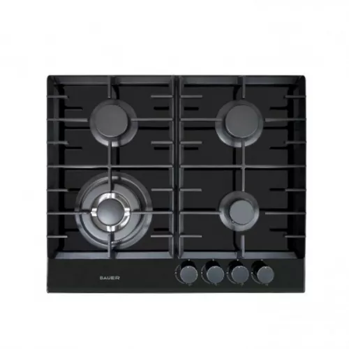 Plita incorporabila cu gaz bauer gh-604 bg03, 4 arzatoare,  arzator wok,  sticla calita,  aprindere electrica,  negru