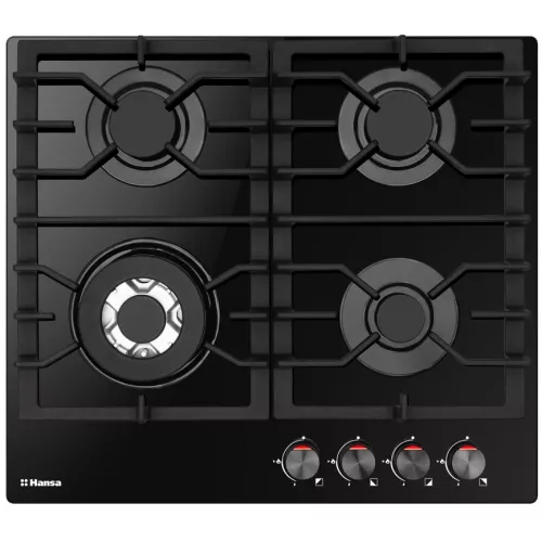 Plita incorporabila cu gaz hansa bhks611301, 4 arzatoare,  sticla calita,  arzator wok,  aprindere electrica,  negru