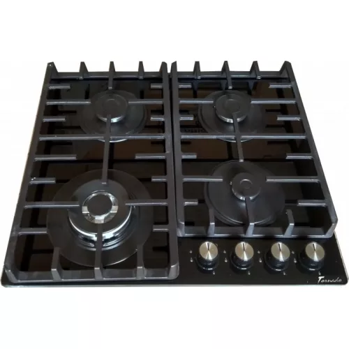 Plita incorporabila cu gaz tornado trc nl604 bl, 4 arzatoare,  sticla calita,  arzator wok,  aprindere electrica,  negru