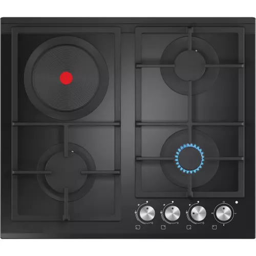 Plita incorporabila combinata tornado lvt- 3g1e bl gl, 4 arzatoare,  arzator circuit dublu,  sticla calita,  aprindere electrica,  negru