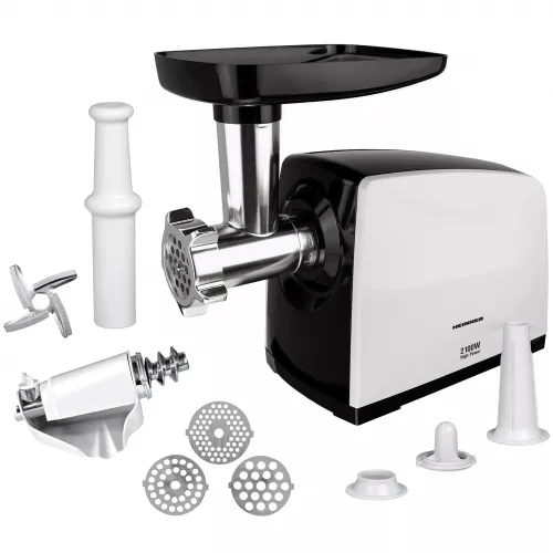 Masina de tocat carne heinner mg-2100bkwh, 2100 w, 1.5 kg/ min, functie reverse, alb, negru