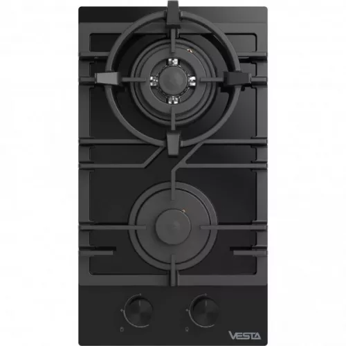 Plita incorporabila cu gaz vesta bh3060icg/bl, 2 arzatoare, arzator wok, sticla calita, aprindere electrica, negru