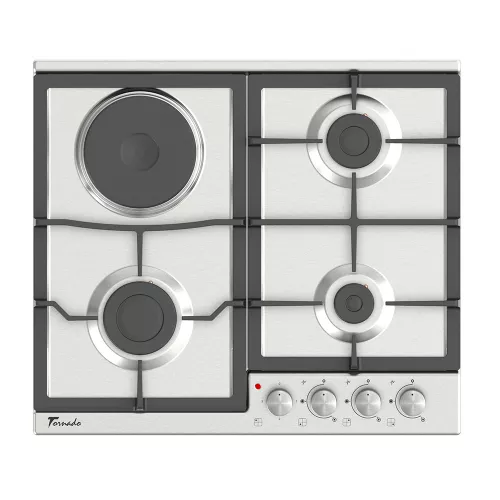 Plita combinata incorporabila tornado brd60 3g1e ix, 4 arzatoare (3-gaz, 1-electric), inox, aprindere electrica, argintiu