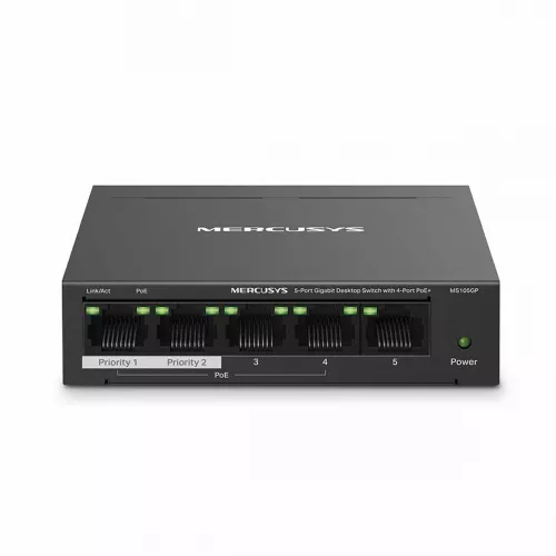 Comutator de retea mercusys .5-port gigabit switch  "ms105gp", with 4-port poe, steel case, 65w budget