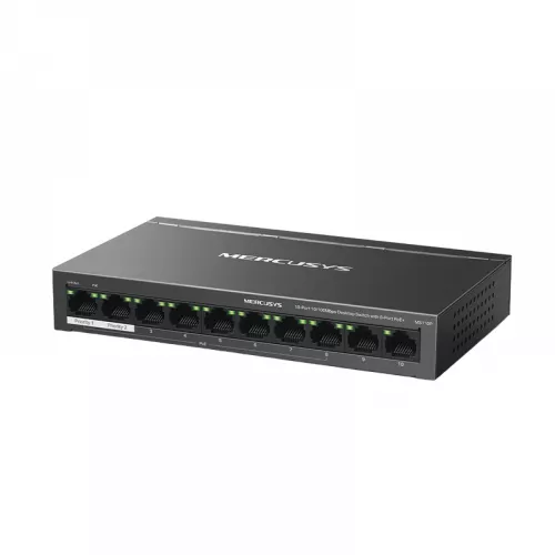 Comutator de retea mercusys 10-port 10/100m  poe switch, ms110p, 8x poe+ ports, 65w budget, steel case, rețea ethernet: 10x 10/100 mbps poe: 8x ieee 802.3af/at consumul de energie : 65 winterval: până la 250 m temperatura de funcționare: 0 °c - 40 °c led indica