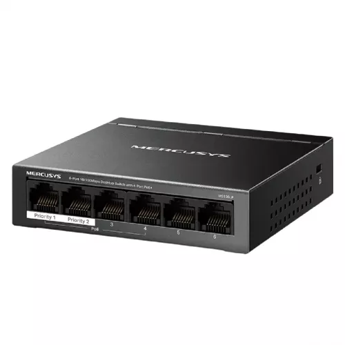 Comutator de retea mercusys 6-port 10/100m poe+ switch, ms106lp, with 4 port poe, 40w budget, steel case, rețea ethernet: poe: 4x ieee 802.3af/at