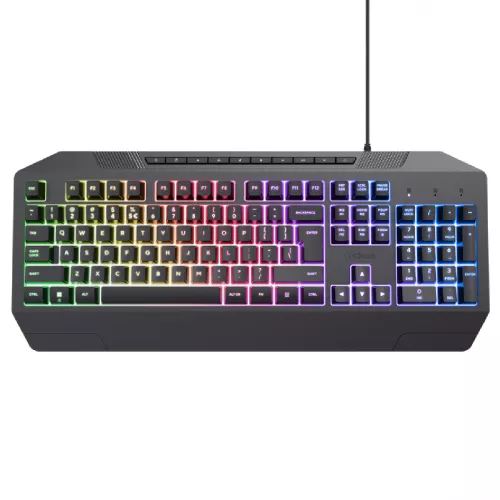 Gaming keyboard trust gxt 836 evocx, illuminated keyboard, rainbow wave rgb and soft-touch keys, 25 key anti-ghosting, 12 direct access media keys, usb, us, black