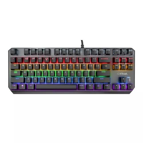 Gaming keyboard trust gaming gxt 834 callaz tkl mechanical compact metal top plate keyboard,outemu linear mechanical red switches, multicolour led illumination, 87 keys, 50 million key presses, us, 1.8m, usb, black