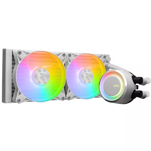 Aio liquid cooling msi mag coreliquid e240 white, 360mm radiator, intel lga 1851/1700/1200/115x & amd am5/am4, 2x 120mm argb fdb fans, 14.3 ~ 34.3 dba, 75.04 cfm, 4-pin pwm, pump w/argb: 3000 rpm ± 10%, 20 dba, 4-pin pwm, 200,000 hours, cooper base, rotatable water cap