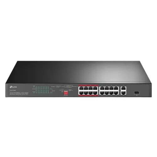 Comutator de retea tp-link 16-port 10/100m  poe+ switch, tl-sl1218p v5, 2xgbit, 1xsfp combo, 150w budget, auto recovery, 1u 19", steel