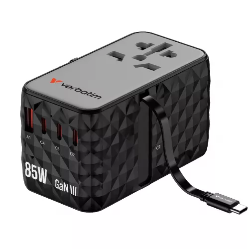 Încarcator verbatim gan iii universal travel adapter (more than 180 countries), 85w superfast 6-in-1 charging (3 x usb-c pd 70w & qc 4+ / 1 x usb-a qc 4+ 60w), pd3.1, qc4+, fcp, scp, afc, pps, bc1-2 and more, retractable usb-c cable, travel pouch, diamond shape