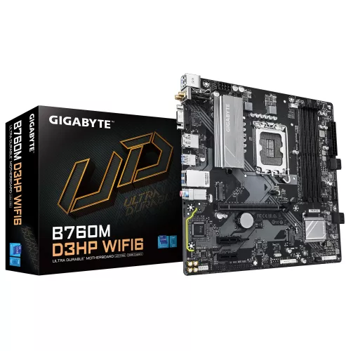 Placa de baza gigabyte gigabyte b760m d3hp wifi6, socket 1700, intel® b760 (14/13/12th gen cpu), cpu igpu, dual 4xddr5-5600, vga, hdmi, dp, 1xpcie x16, 4xsata3, raid, 2xm.2 4.0, 2xpcie x1, alc897 hda 7.1, 1xgbe lan, wifi6/bt5.3, 1x usb type-c 3.2, 5xusb 3.2, rgb fusion, ma