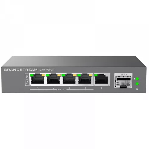 Comutator de retea grandstream .5-port 10/100/2500mbps switch grandstream "gwn7700mp", 1xsfp+ 1/10gbps, 4xpoe ports, budged 57w, steel case