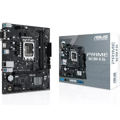 Placa de baza asus asus prime h610m-r d4-si , socket 1700, intel® h610 (12th gen cpu), dual 2xddr4-3200, vga, dvi, hdmi, cpu intel graphics, 1xpcie x16 4.0, 4xsata3, 1xm.2, 1xpcie x1, alc897 7.1, 1xgbe lan, 4xusb3.2, 5x pro iii, lpt+com header, matx prime h610m-r d4-si