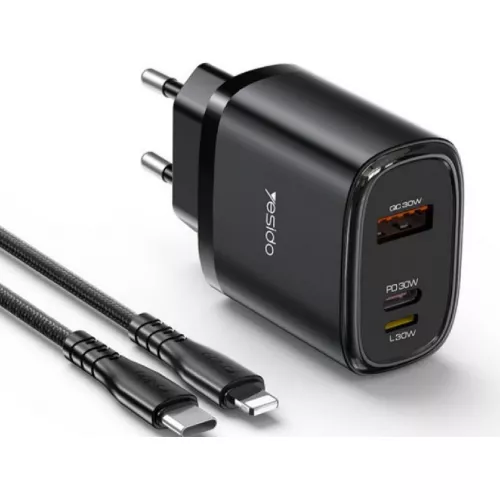 Incarcator yesido yesido wall charger 1*usb-a+1*type-c+1*lighting 30w max with cable type-c to lighting yc52, black yc52bk