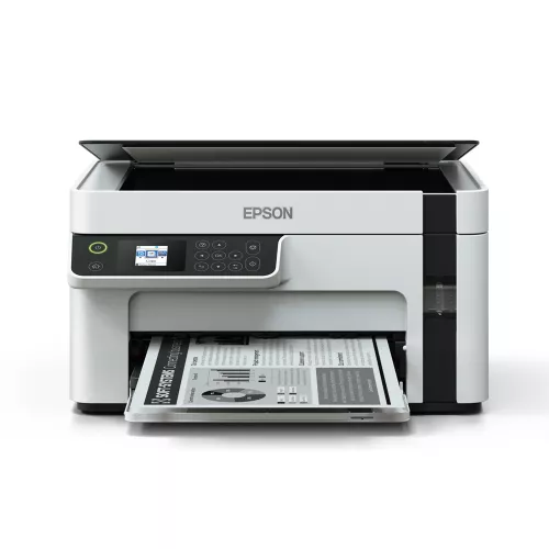 Multifunctionala inkjet epson mfd ciss epson ecotank m2110 white, mono printer/scanner/copier/net,  a4, print 1440x720dpi, 3pl, up to 15000/m, scan 1200x2400 dpi, iso/iec 15 ipm, 64-256 г/м2, lcd 3.7 cm, ethernet, usb 2.0, ink tank: c13t03p14a black t03p1: 5000 pages
