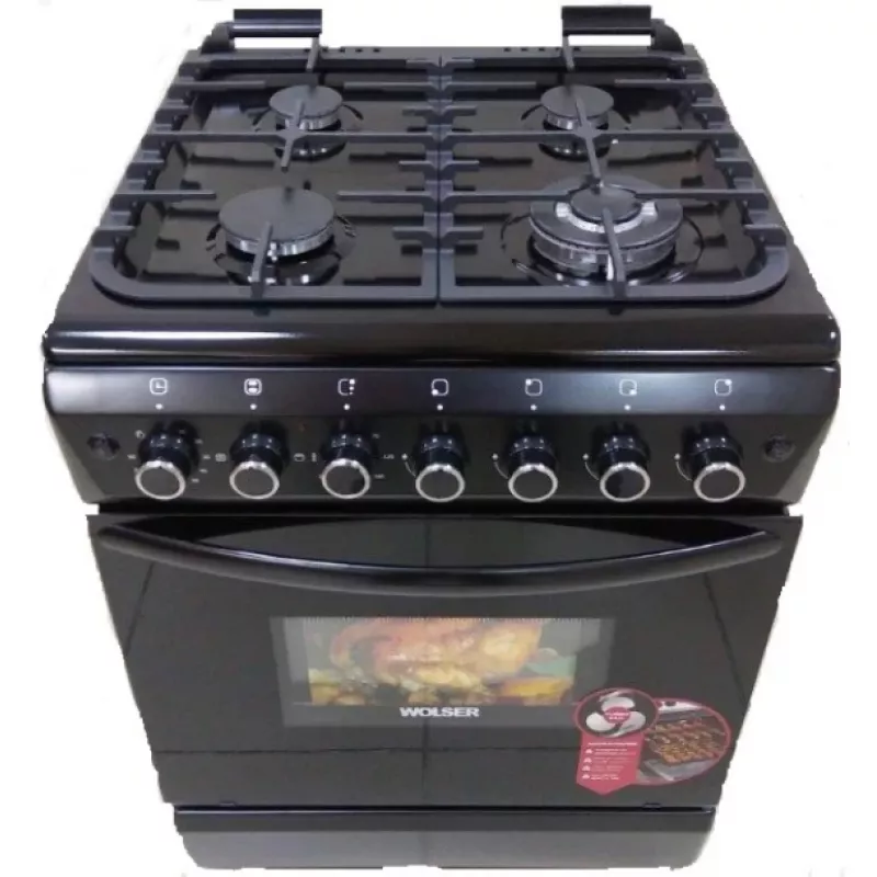 Aragaz combinat WOLSER WL-60602 BGE, 4 arzatoare,  Aprindere electrica,  Timer,  Curatare traditionala,  60 cm,  Negru