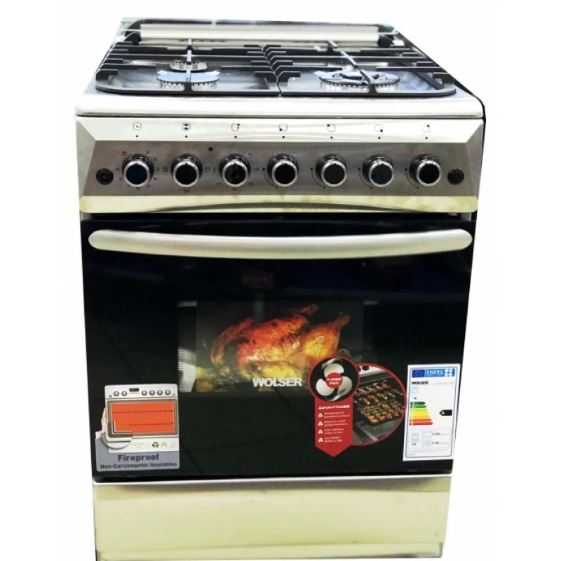 Комбинированная плита WOLSER WL-60602 IGE TURBO, 4 конфорки,  Электроподжиг,  Таймер,  60 см,  Нержавеющая сталь, Черный