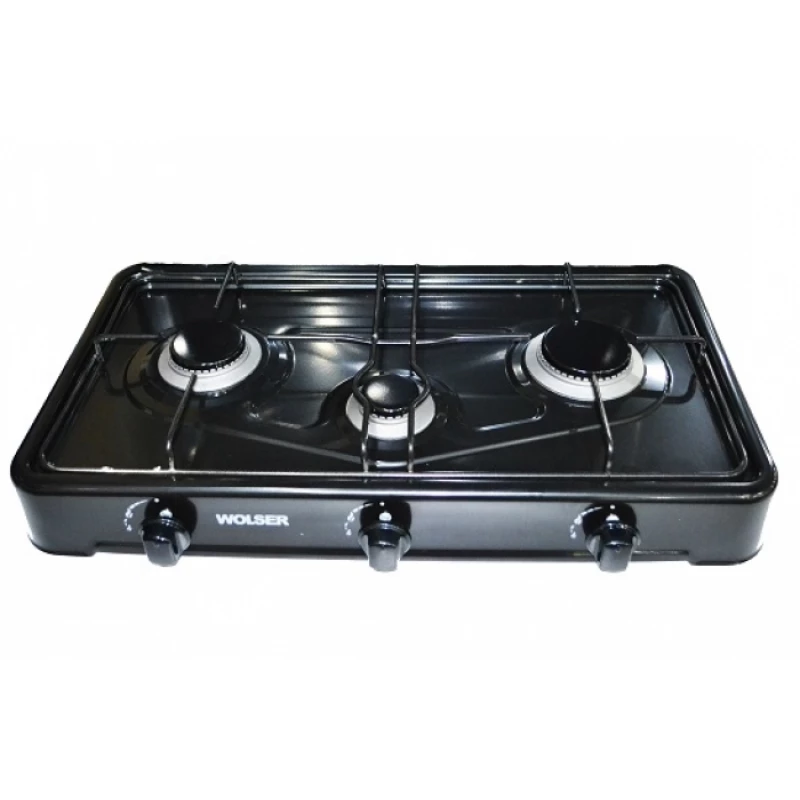 Aragaz de masa WOLSER WL-F 03 BE, Gaz, 3 arzatoare, Email, Mecanica, Negru
