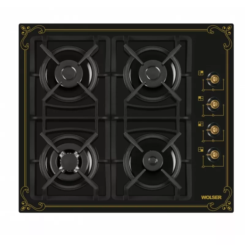 Plita incorporabila cu gaz WOLSER WL- F 6401 GT IC  BLACK R, 4 arzatoare,  Arzator Wok,  Sticla calita,  Aprindere electrica,  Negru