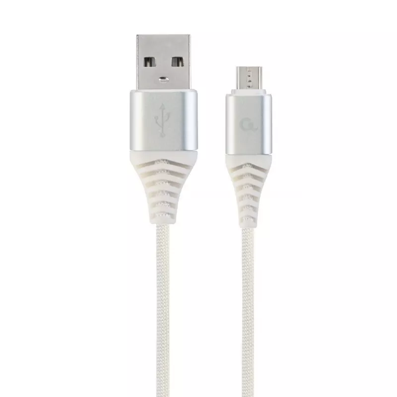 Cablu USB Cablexpert BLISTER MICROUSB/USB2.0,   2.0 M,   COTTON BRAIDED SILVER/WHITE,  CC-USB2B-AMMBM-2M-BW2