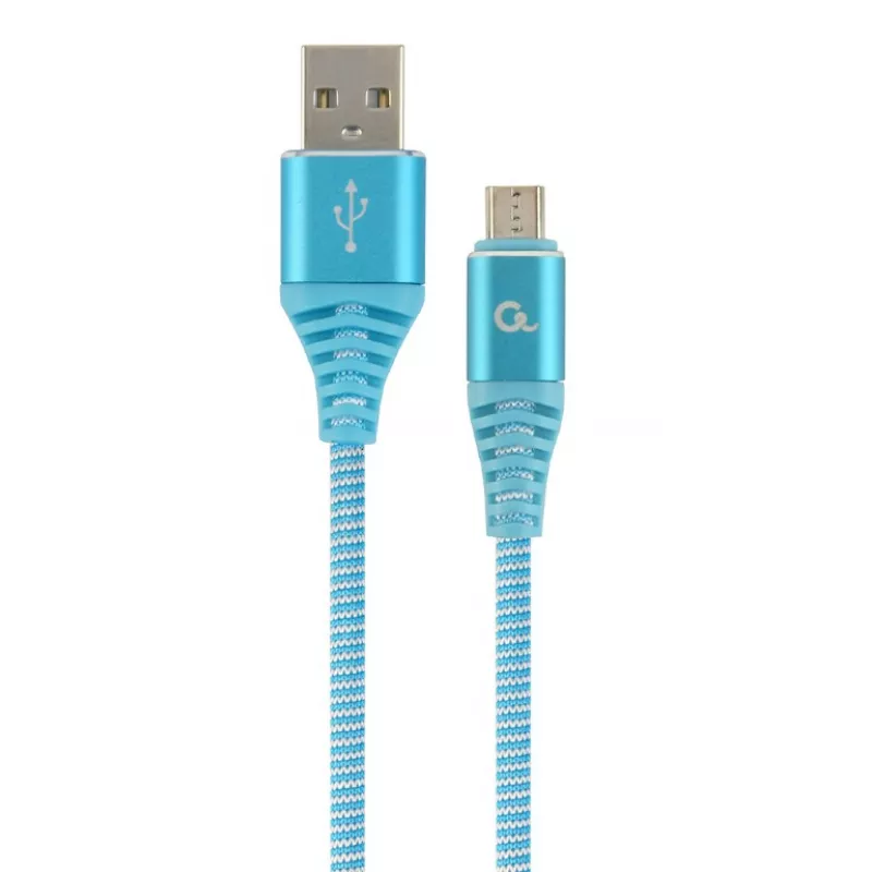 Кабель USB Cablexpert BLISTER MICROUSB/USB2.0,   2.0 M,   COTTON BRAIDED TURQUOISE BLUE/WHITE, CC-USB2B-AMMBM-2M-VW