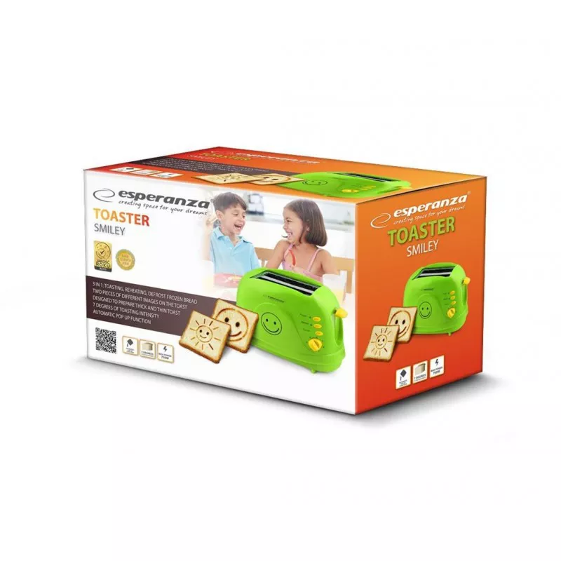 Тостер ESPERANZA SMILEY EKT003, 750 Вт,  Подогрев,  Размораживание,  Отмена,  Индикатор работы,  Механическое управление,  Зелёный
