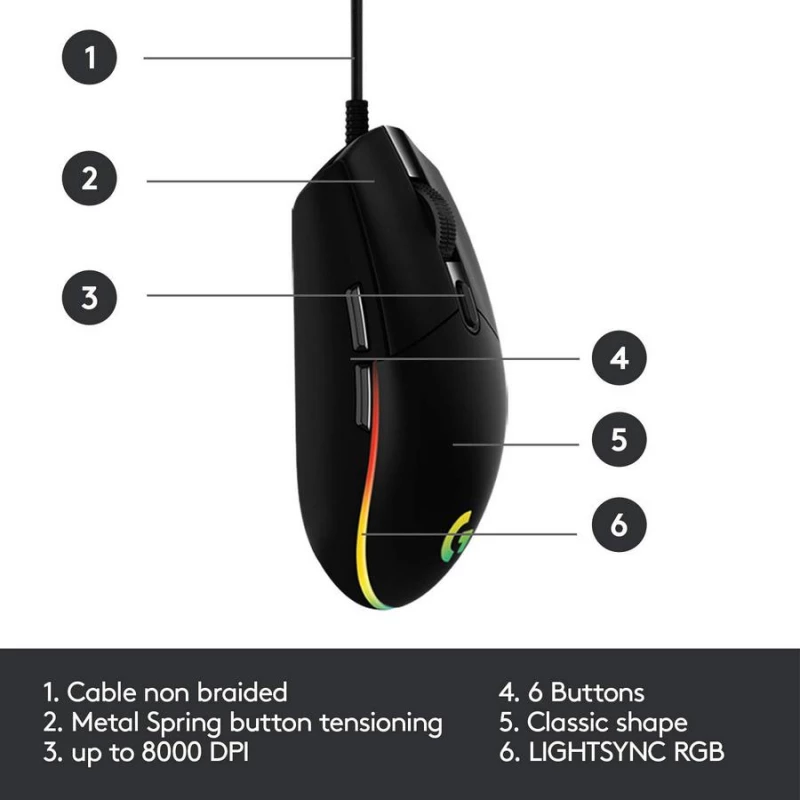 Gaming Mouse LOGITECH G102 LIGHTSYNC, RGB iluminare, RGB iluminare,  Black,  6 Programmable buttons,  200- 8000 dpi,  Onboard memory