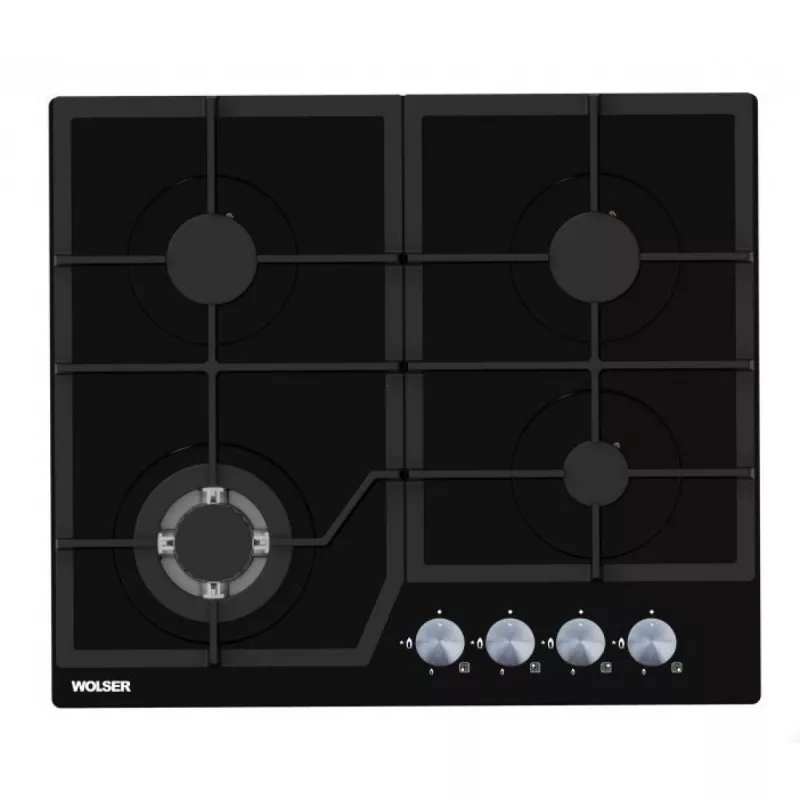 Plita incorporabila cu gaz WOLSER WL-6400 GBN Q BLACK, 4 arzatoare,  Arzator Wok,  Sticla calita,  Aprindere electrica,  Negru