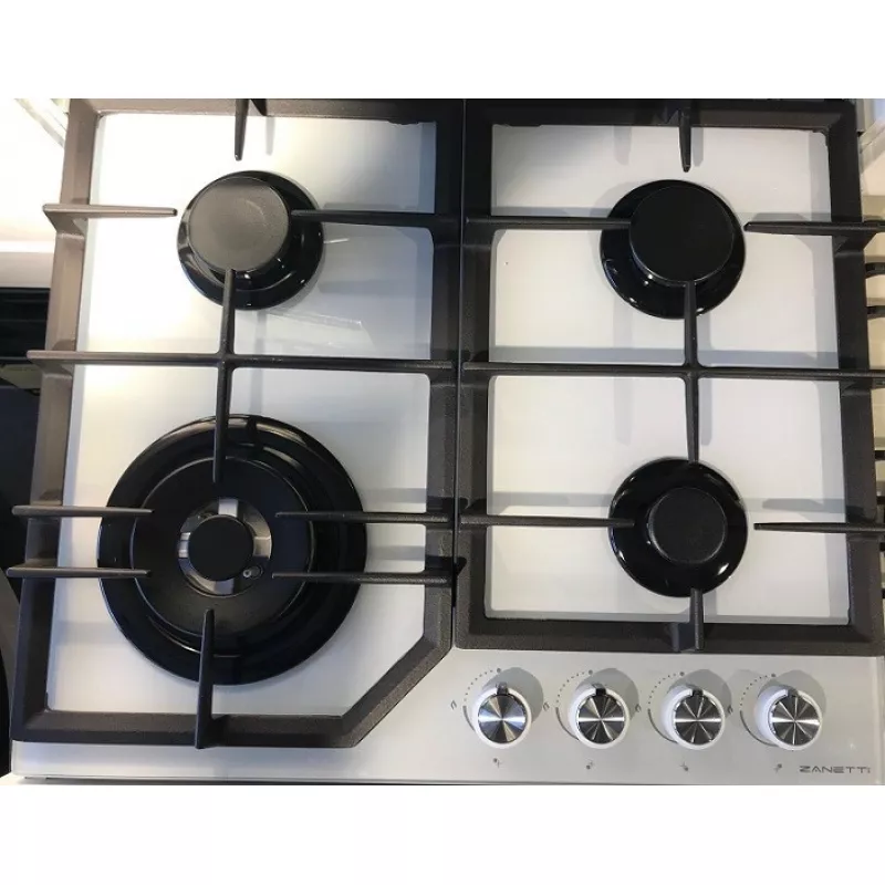 Plita incorporabila cu gaz ZANETTI ECO 1160 WHITE, 4 arzatoare, Arzator Wok, Sticla calita, Aprindere electrica, Alb, Negru