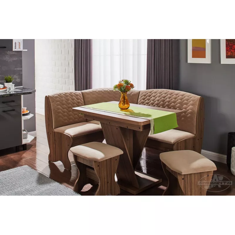 Coltar de bucatarie Ambianta SAXONIA CU 2 TABURETE, Colt,  2 taburete,  PAL melaminat,  Stofa,  Nuc