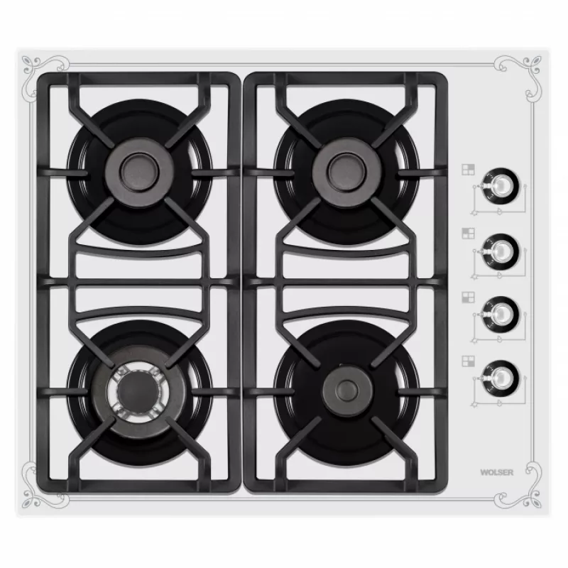 Plita incorporabila cu gaz WOLSER WL- F 6401 GT IC, 4 arzatoare,  Arzator Wok,  Sticla calita,  Aprindere electrica,  Alb