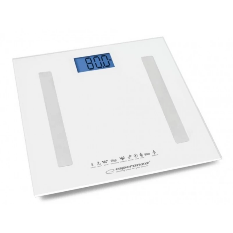 Cantar de podea ESPERANZA 8IN1 EBS016W, Diagnostic,  Bluetooth ,  180 kg,  Memorie 8 utilizatori,  Sticla,  Alb,, 2 x AAA