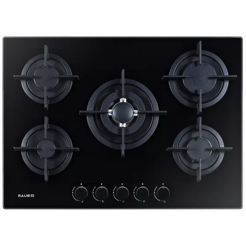 Plita incorporabila cu gaz BAUER GH-705 BG02, 5 arzatoare,  Arzatoare Wok,  Sticla calita,  Aprindere electrica,  Negru