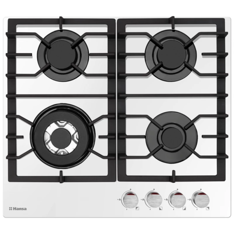 Варочная газовая панель HANSA BHKW611301, 4 конфорки,  Конфорка Wok,  Закаленное стекло,  Механическое управление,  Белый