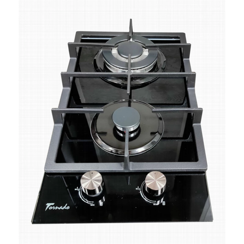 Plita incorporabila cu gaz TORNADO HZT 3032 BL, 2 arzatoare,  Arzator Wok,  Sticla calita,  Aprindere electrica,  Negru