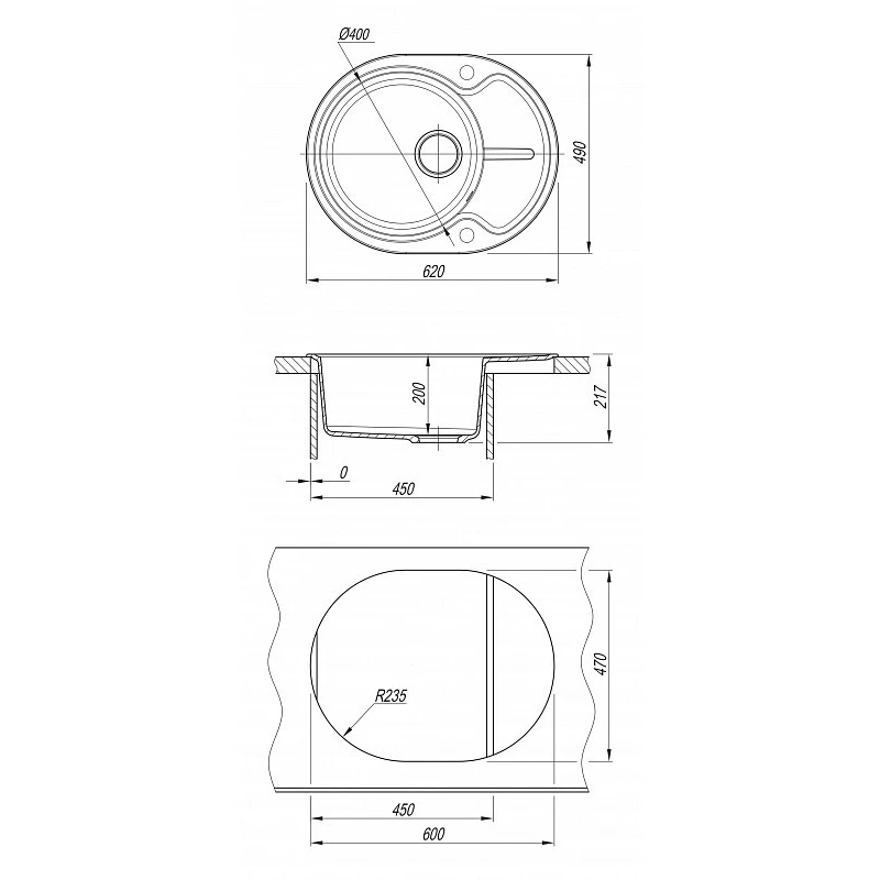 Chiuveta Dr.Gans BERTA GRI, Granit compozit, 620 х 490 х 217