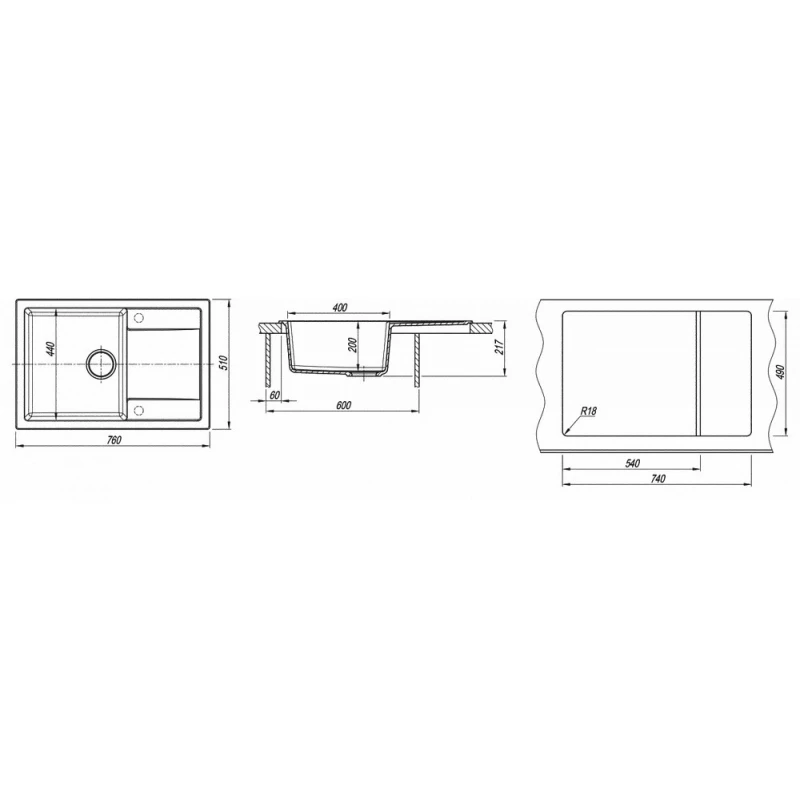 Chiuveta Dr.Gans TEHNO 760, Granit compozit, Alb, 76 x 51