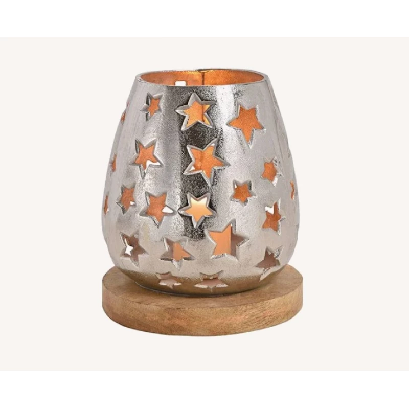 Lanterna Wurm METAL PE O BAZA DIN LEMN DE MANGO, 20X24X20CM