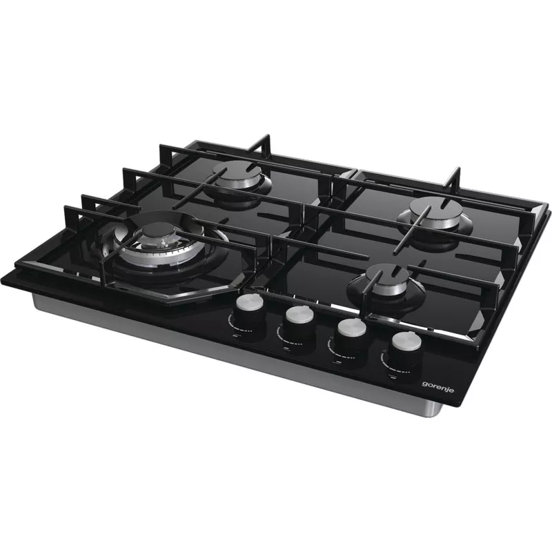 Plita incorporabila cu gaz GORENJE GTW 641 KB, 4 arzatoare, Arzator Wok, Sticla calita, Aprindere electrica, Negru