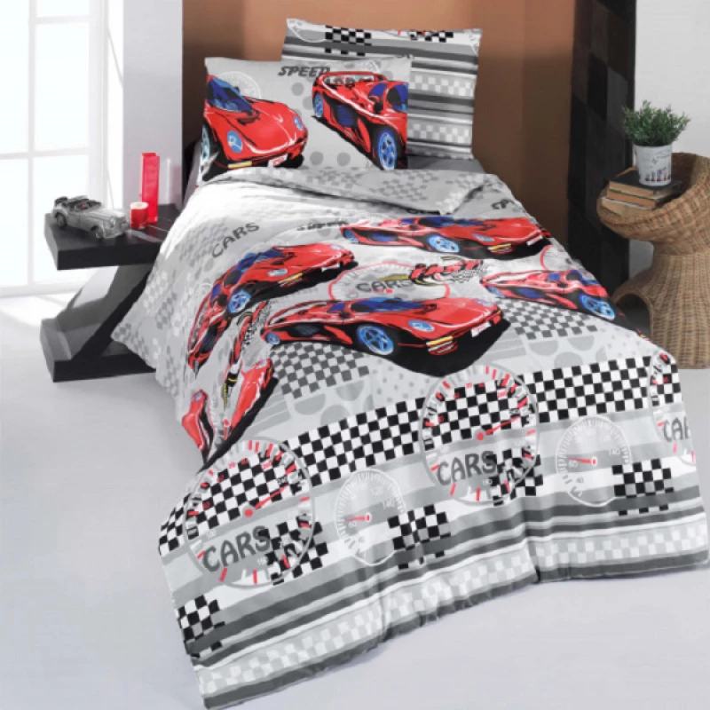 Lenjerie de pat Cottony SLPP POPLIN CARS, 2 persoane, Poplin, Gri, Rosu