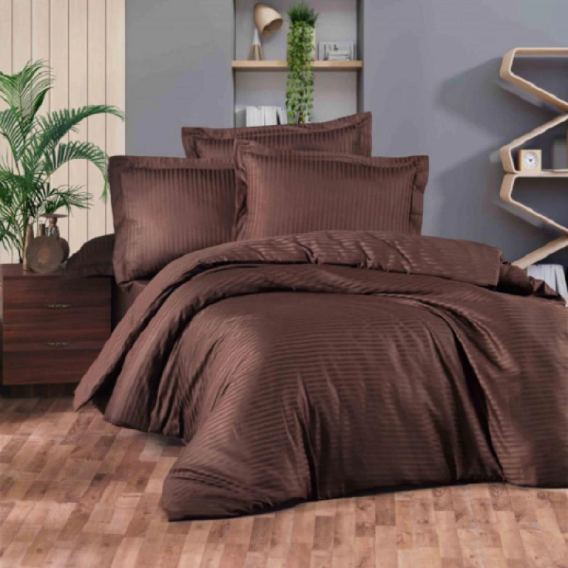 Lenjerie de pat Cottony SLPSL SATIN STRIPE DARK BROWN, 2 persoane Euro, Satin de Lux, Maro inchis