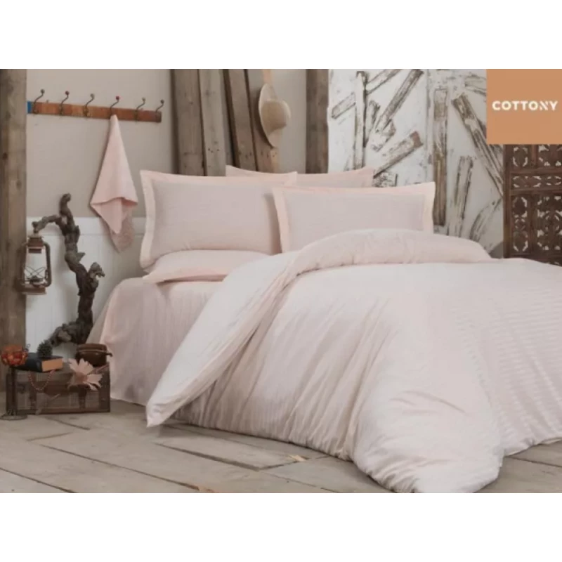 Lenjerie de pat Cottony SLPSL STRIPE SATIN PEACH NR3, 2 persoane Euro, Satin de Lux, Piersic