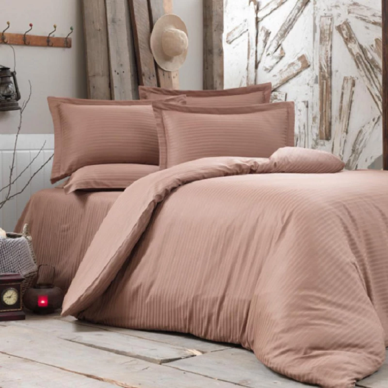Lenjerie de pat Cottony SLPSL STRIPE SATIN BROWN NR 8, 2 persoane, Satin de Lux, Maro