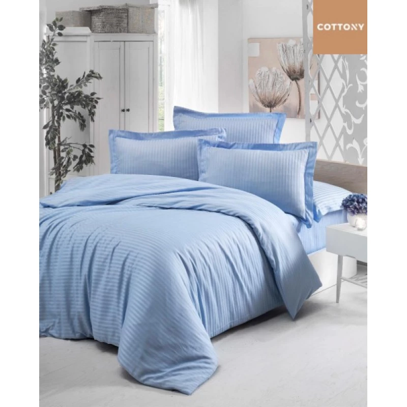 Lenjerie de pat Cottony SLPSL STRIPE SATIN LIGHT BLUE, 2 persoane, Satin de Lux, Albastru deschis