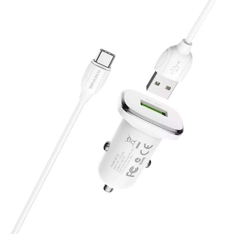 Incarcator masina Borofone CAR CHARGER WITH MICRO-USB BZ12A LASTING, WHITE
