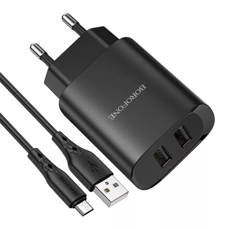 Зарядное устройство Borofone Wall Charger 2xUSB 2.1A with MicroUSB Сable BN2 (EU), Black