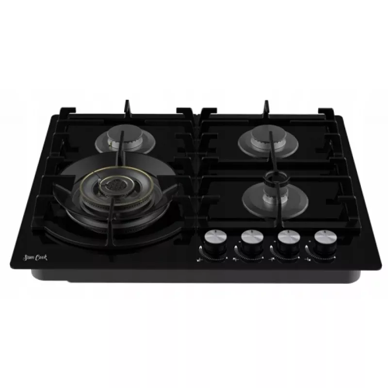 Plita incorporabila cu gaz MPM SAM COOK VULKANO PSC-VH-1060, 4 arzatoare, Arzator Wok, Sticla calita, Aprindere electrica, Negru